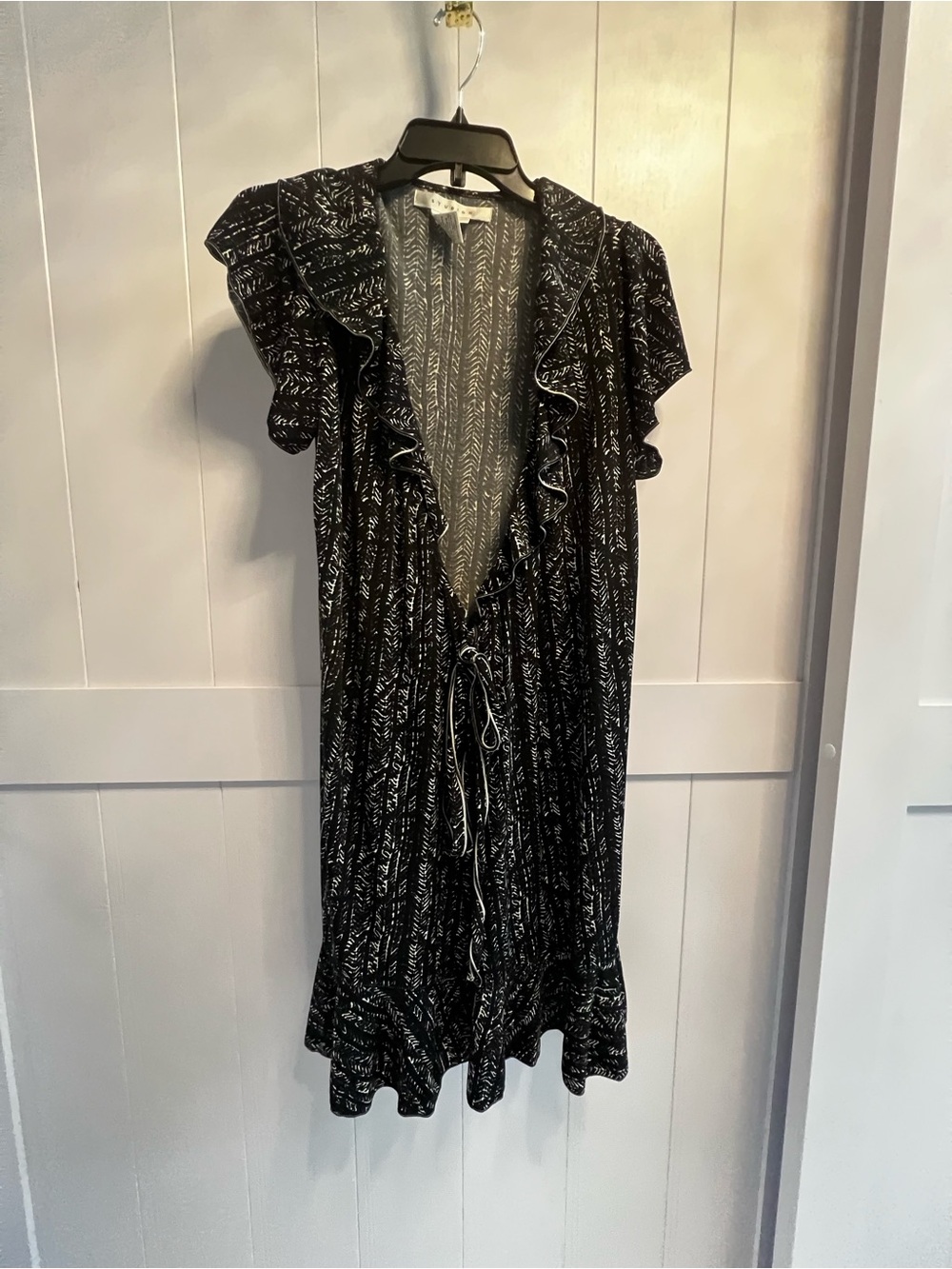 Black Printed Midi Dress with Ruffle Trim and Tie Waist